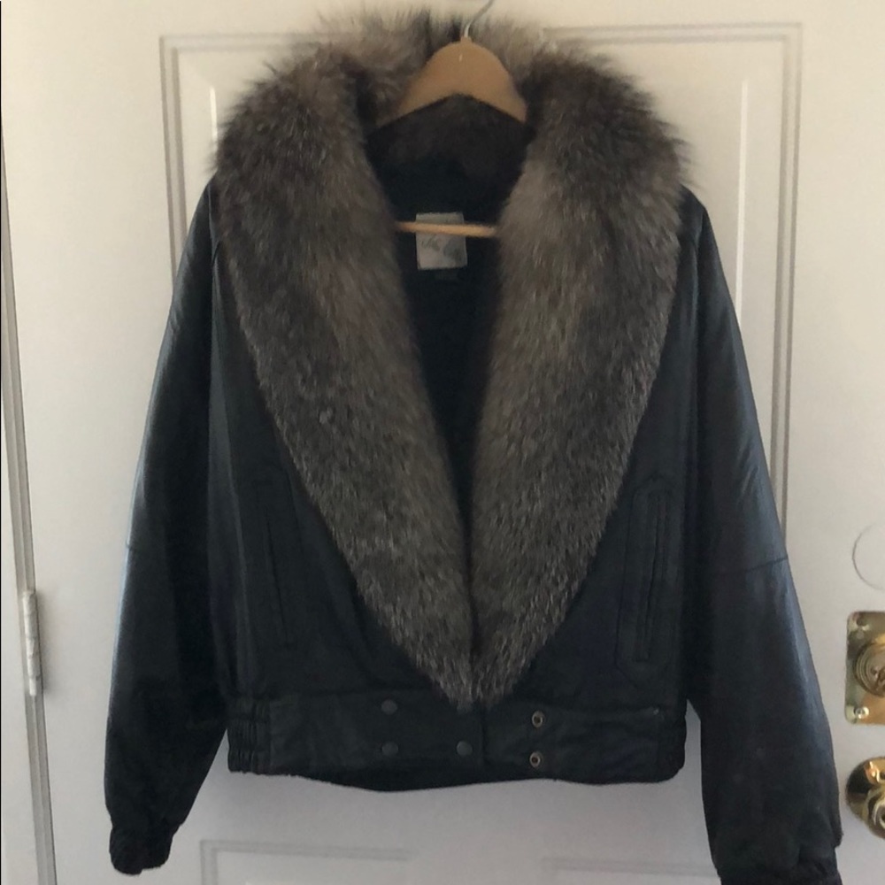 Vintage black leather/indigo fox jacket